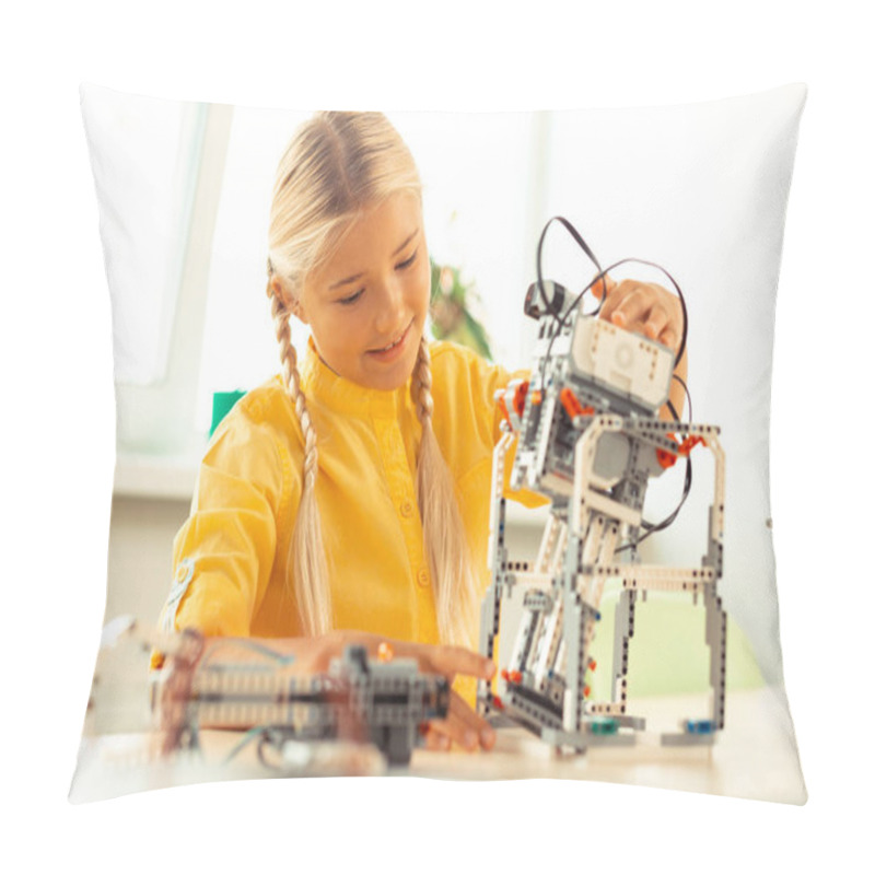 Personality  Girl Playing With A Robot At Science Lesson. Pillow Covers