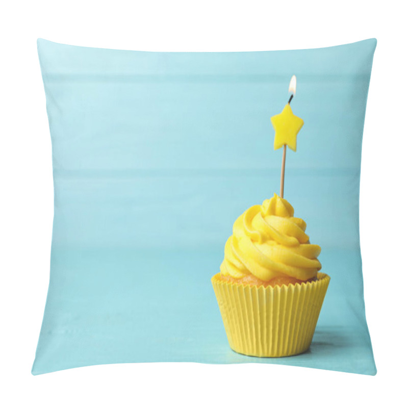 Personality  Delicious Birthday Cupcake With Cream And Burning Candle On Blue Wooden Background. Space For Text Pillow Covers