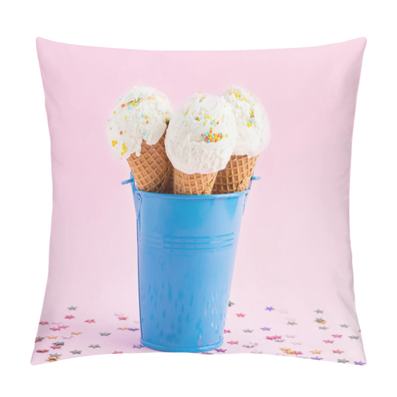 Personality  Ice Cream Cones In A Blue Bucket On A Pink Background Decorated With Stars. A Wafer-style Ice Cream Cone.  Pillow Covers