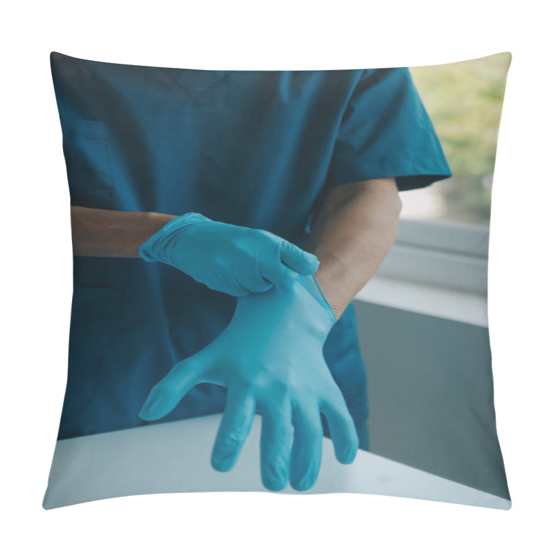 Personality  Doctor Or Nurse Putting On Blue Nitrile Surgical Gloves, Professional Medical Safety And Hygiene For Surgery And Medical Exam On White Background. Pillow Covers