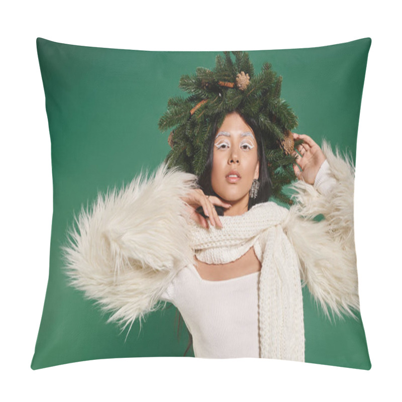 Personality  Holiday Spirit, Beautiful Asian Woman With White Makeup And Trendy Outfit Posing In Wreath On Green Pillow Covers