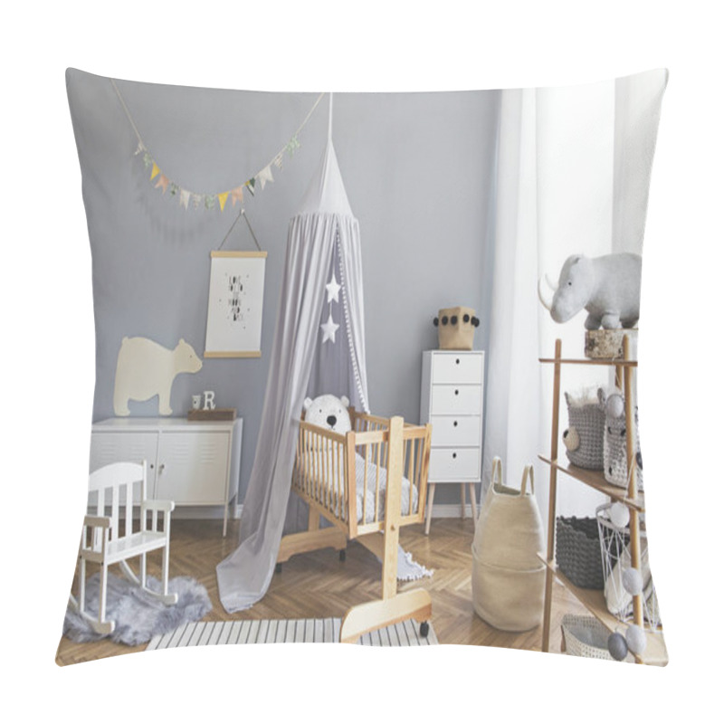 Personality  Stylish And Bright Scandinavian Decor Of Newborn Baby Room With Mock Up Poster, White Design Furnitures, Natural Toys, Hanging Grey Canopy With Wooden Cradle, Bookstand, Accessories And Teddy Bears.  Pillow Covers