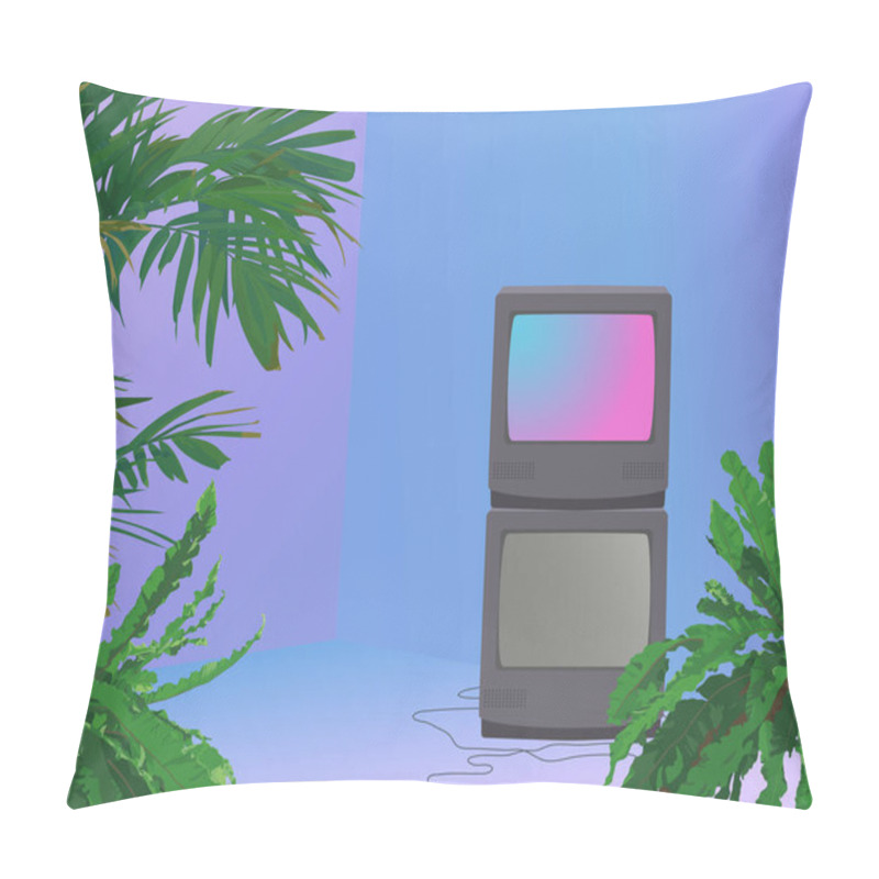 Personality  Tropical Plants And Stack Of Crt Tv In Vaporwave Room Neon Glow Ambience, Aesthetic Background Illustration Pillow Covers