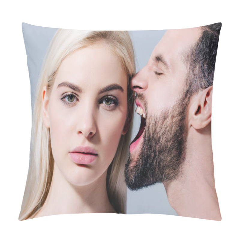 Personality  Man Yelling At Beautiful Young Woman Looking At Camera Isolated On Grey Pillow Covers