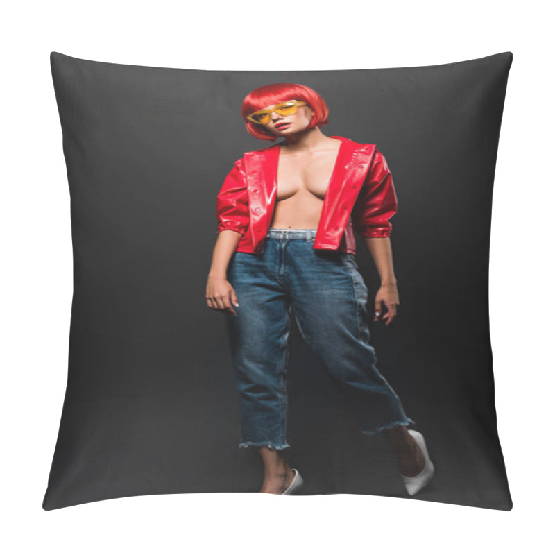 Personality  Attractive Young Woman In Short Red Raincoat On Bare Skin On Grey Pillow Covers