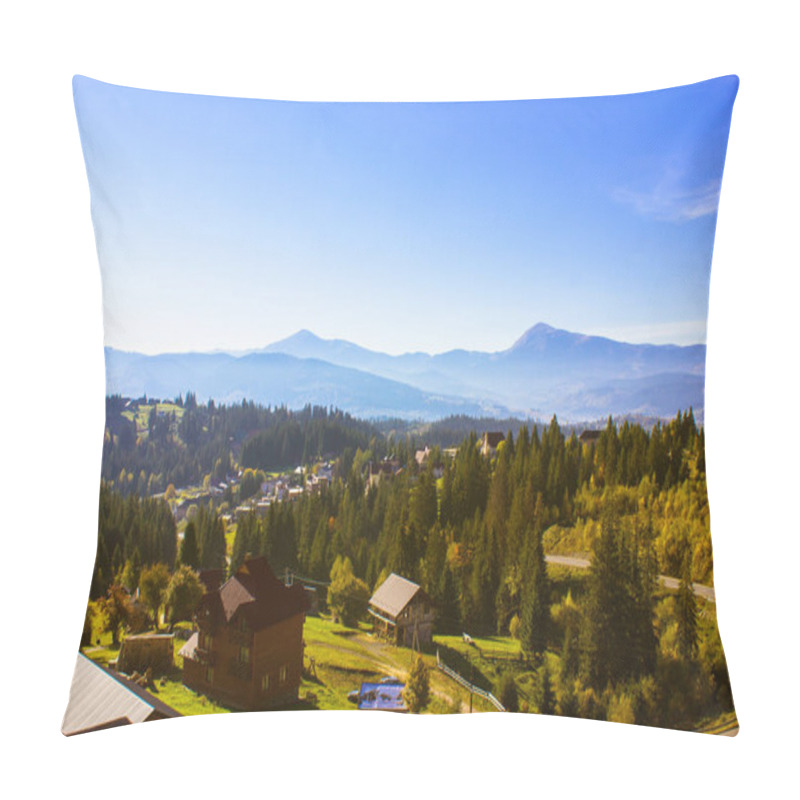 Personality  A Picturesque Mountain Landscape Scenery. Pines, Firs, Conifers Evergreen Trees Against Blue Sky At Sunny Day. Carpathians Mountain Hills Amazing View Pillow Covers