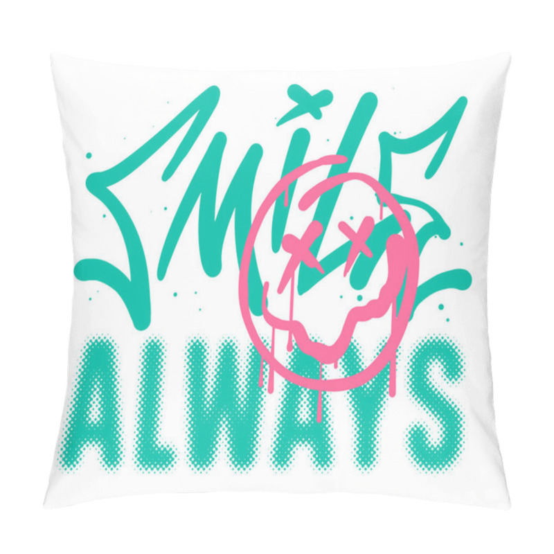 Personality  Smile Always Slogan Print Design With Happy Face Emoji Icon In Graffiti Style Pillow Covers