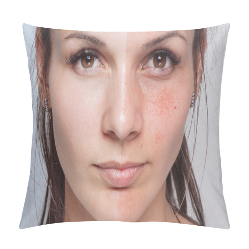 Personality  Before And After Cosmetic Operation. Young Pretty Woman Portrait Pillow Covers