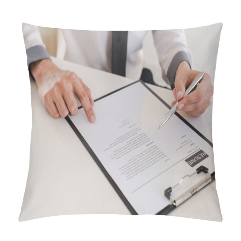 Personality  The Office Executive Is Reading The Resume Of The Applicant In The Meeting Room. Pillow Covers