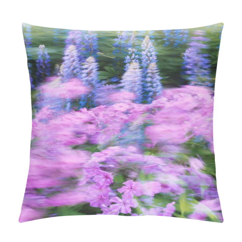 Personality  A Vibrant Blur Of Pink And Blue Flowers In Full Bloom, Capturing The Essence Of Spring. Pillow Covers