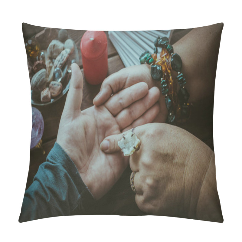 Personality  Witch Or Fortune Teller Reading Fortune Lines On Male Palm Or Hand Pillow Covers