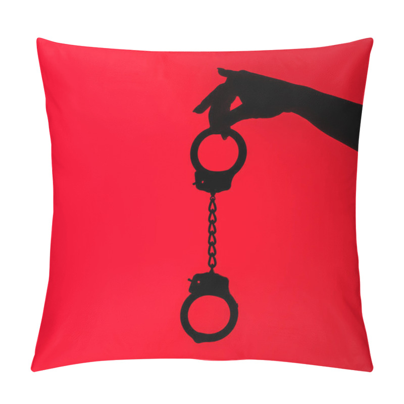 Personality  Cropped View Of Silhouette Of Sexy Girl Holding Handcuff, Isolated On Red Pillow Covers