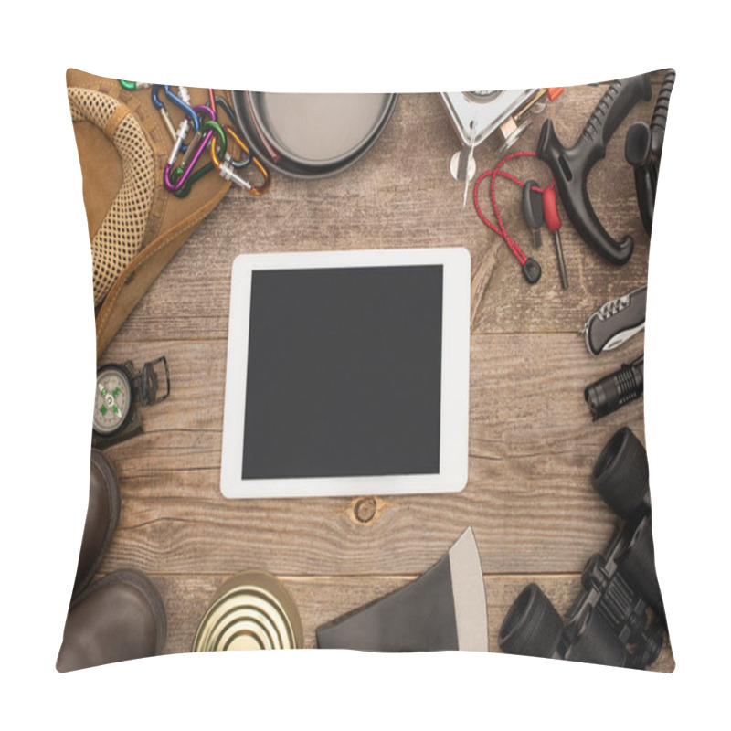 Personality  Top View Of Digital Tablet With Black Screen Near Hiking Equipment On Wooden Table Pillow Covers