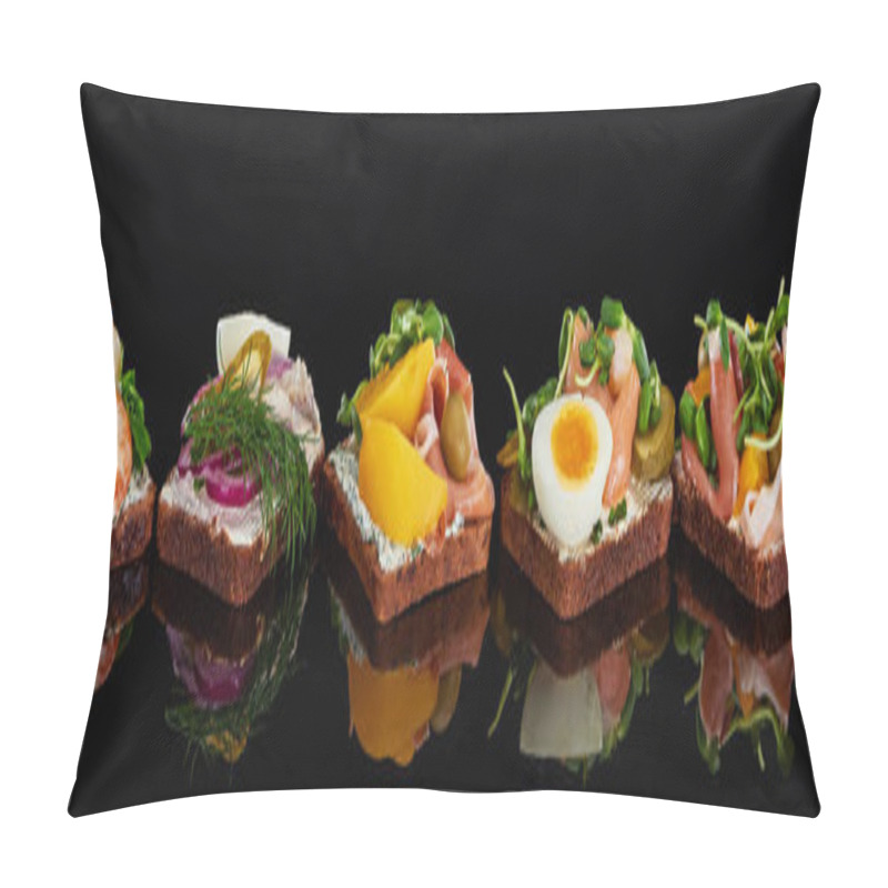 Personality  Panoramic Shot Of Rye Bread With Tasty Danish Smorrebrod Sandwiches On Black  Pillow Covers