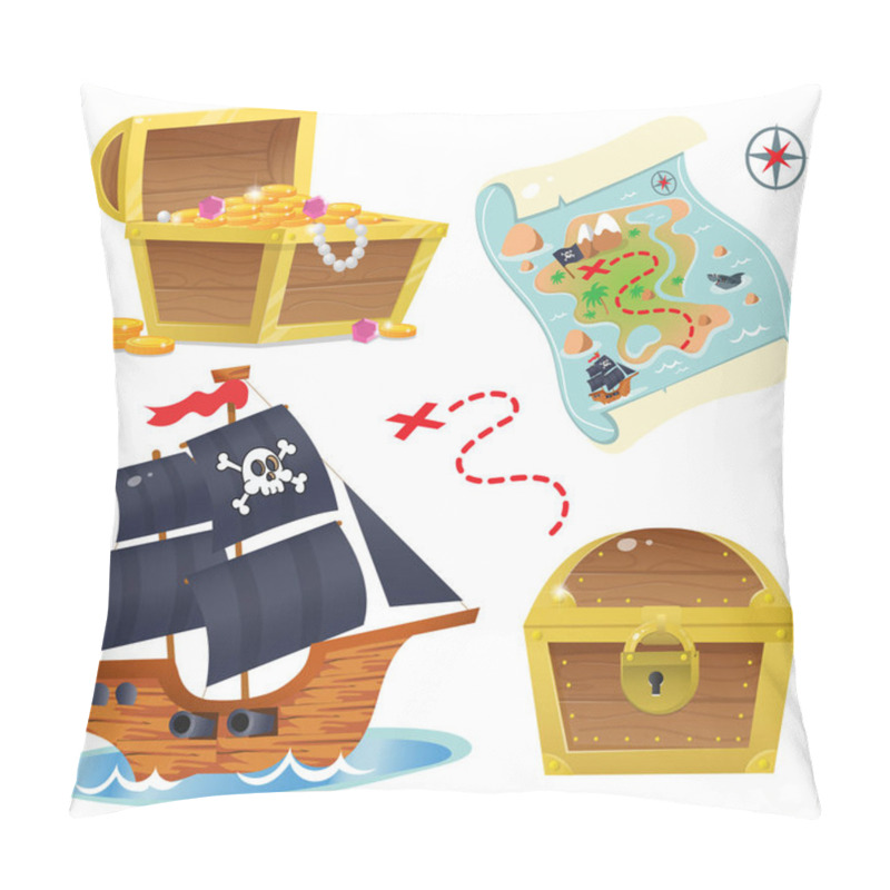 Personality  Cartoon Set For Pirate Party For Kids. Pirate Ship. Sailboat With Black Sails With Skull In Sea. Treasure Chest. Pirate Coffer With Gold And Jewels. Closed Coffer With Lock. Golden Key. Treasure Map. Color Images On A White Background. Vector. Pillow Covers