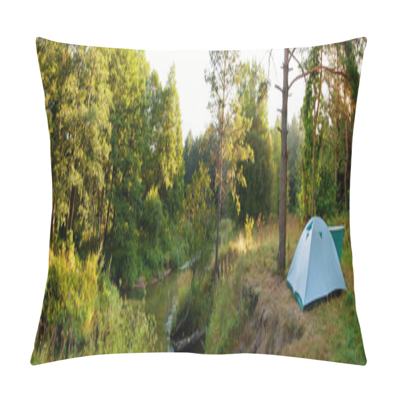 Personality  Camping Tent By River In Forest Pillow Covers