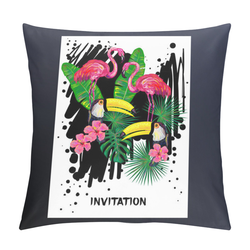 Personality  Invitation With Pink Flamingo, Toucan Bird, Tropical Exotic Flowers And Leaves Pillow Covers