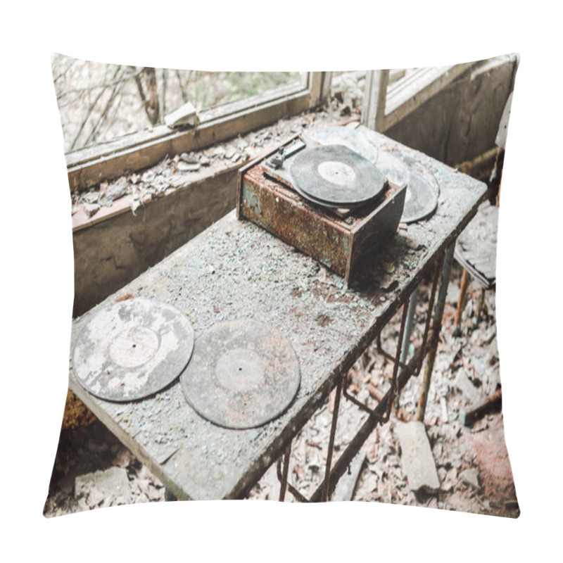 Personality  Abandoned Vinyl Records On Dirty Table In Room  Pillow Covers