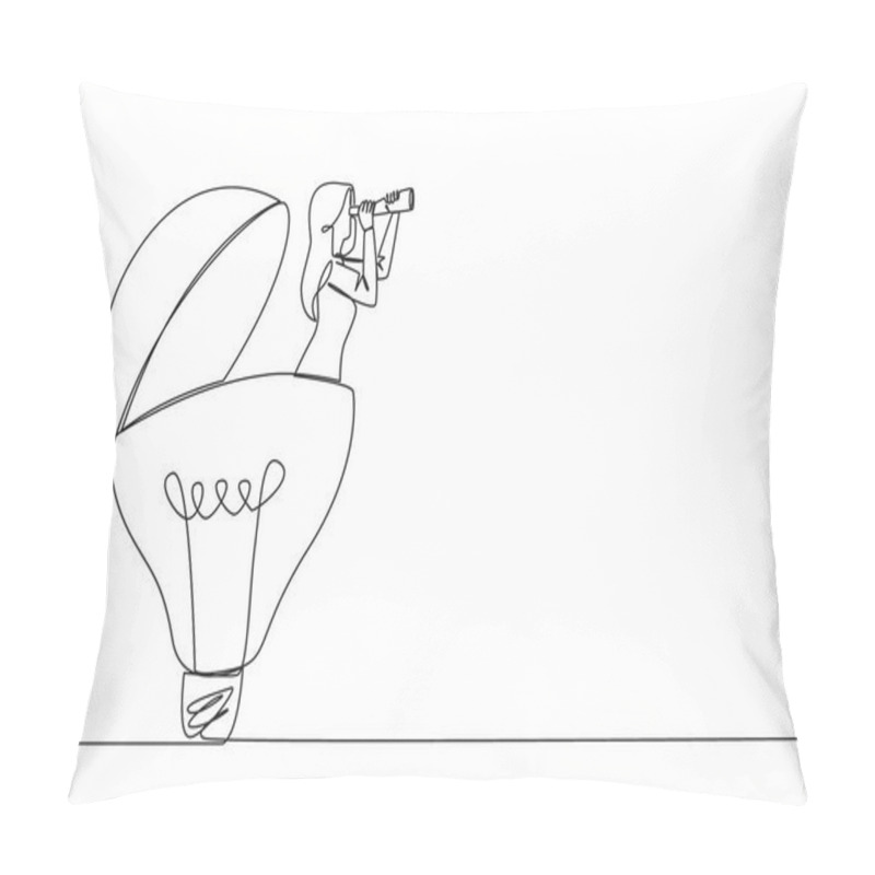 Personality  Single One Line Drawing Businesswoman Comes Out Of Lightbulb Look For Something Through Binoculars. Looking For Inspiration. Look Around For Bright Ideas. Continuous Line Design Graphic Illustration Pillow Covers