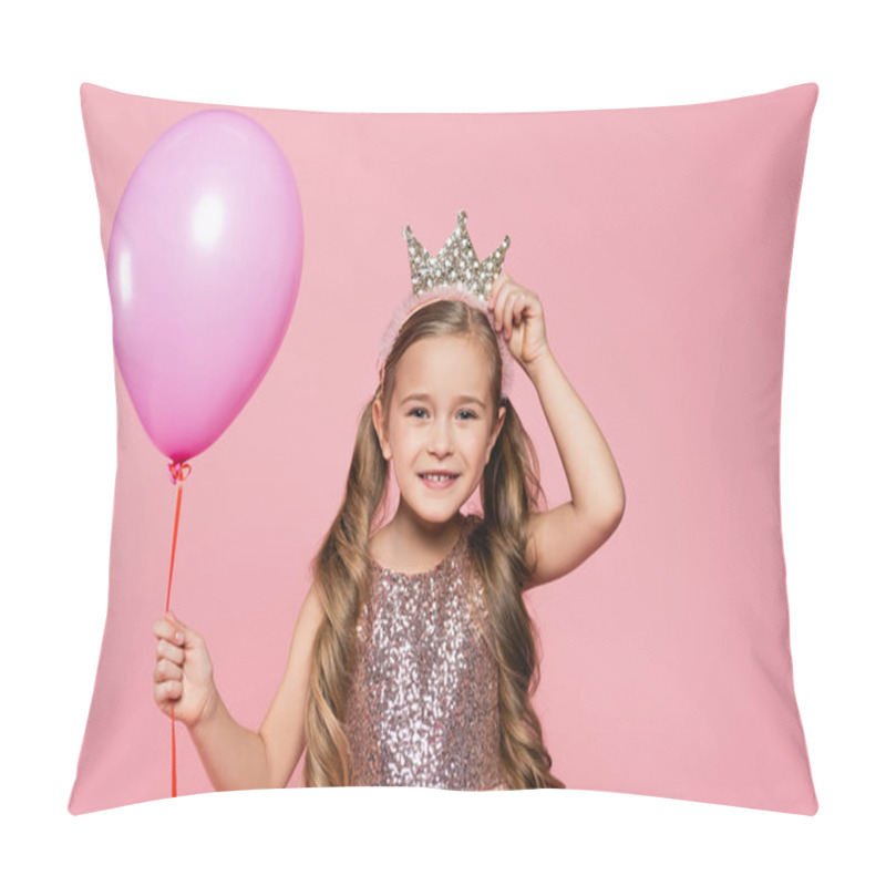 Personality  Joyful Little Girl In Dress Adjusting Crown And Holding Balloon Isolated On Pink Pillow Covers