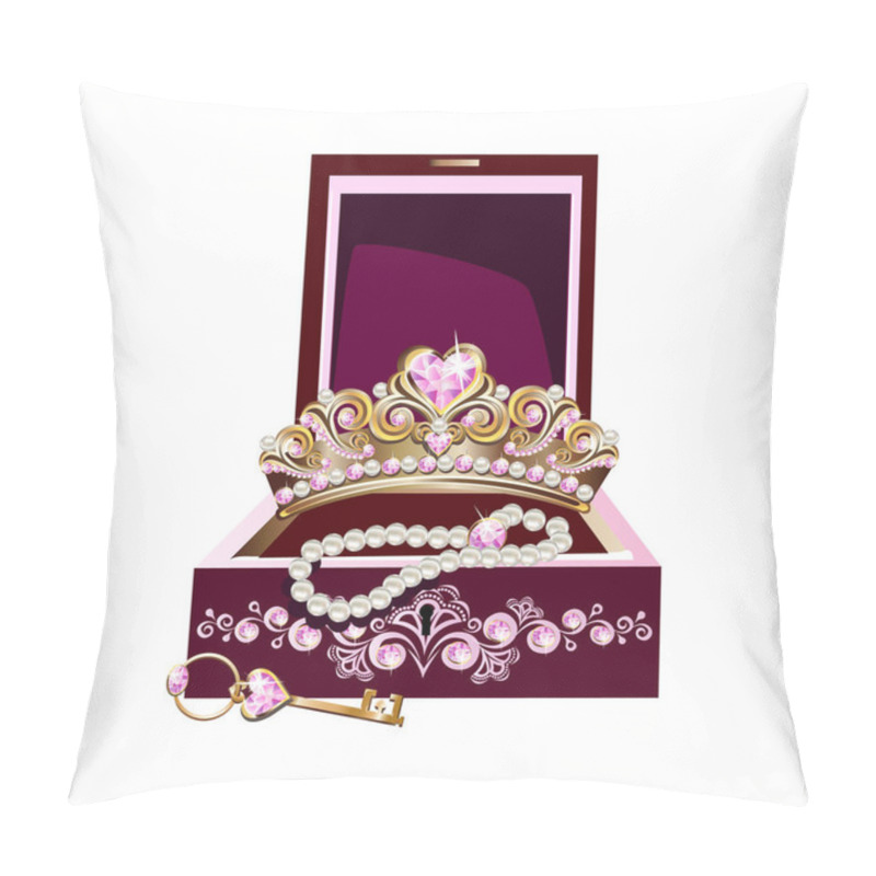 Personality  Jewelry Box With Tiara, Pearls, Pink Gems And Key For A Beautiful Princess. Fairy Tale Vector Illustration Of Princess Jewels. Pillow Covers