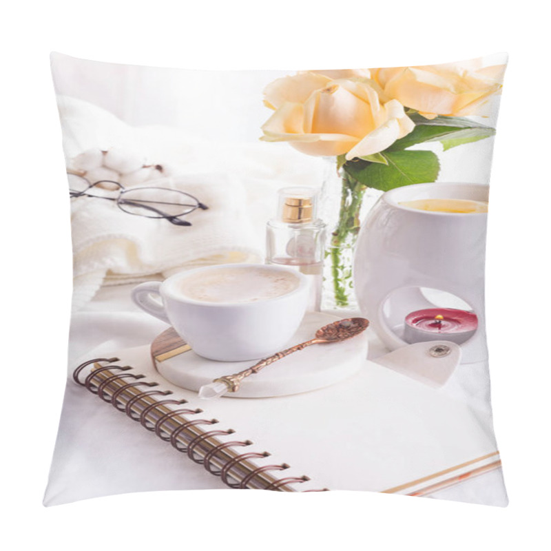 Personality  A Cup Of Coffee On Notebook, Roses, Glasse And Candle With Copy Space. Mock Up Relaxing Concept Pillow Covers