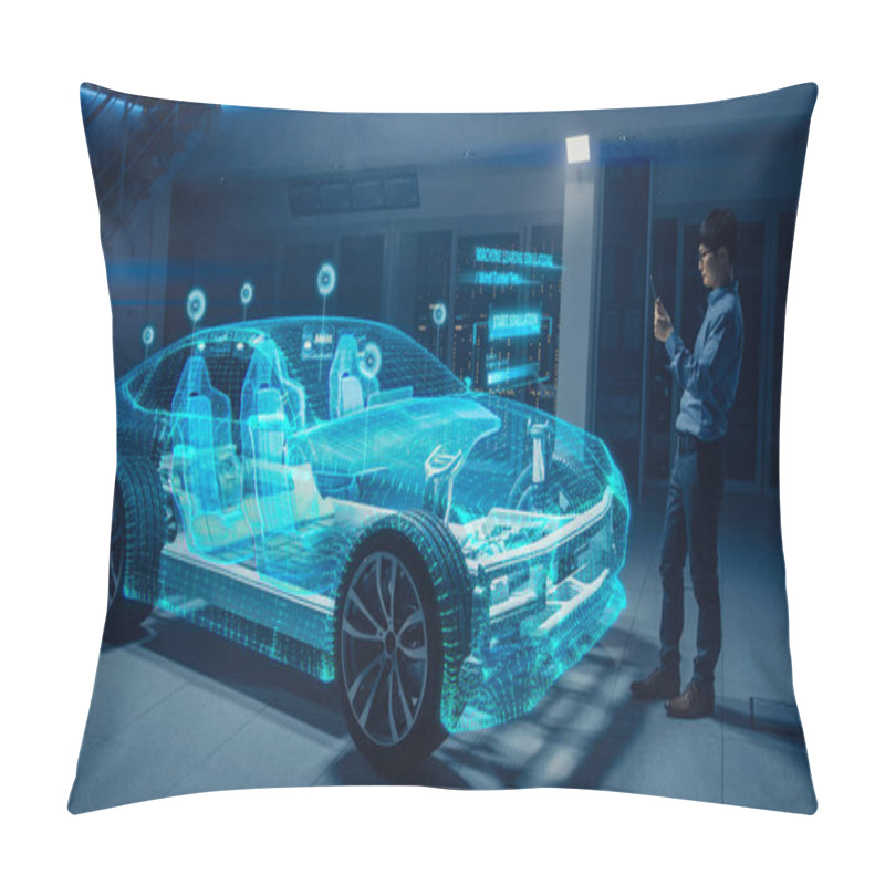 Personality  Automotive Engineer Using Digital Tablet Computer With Augmented Reality 3D Software For 3D Car Model Design Analysis And Improvement. Futuristic Facility: Virtual Design With Mixed Technology. Pillow Covers