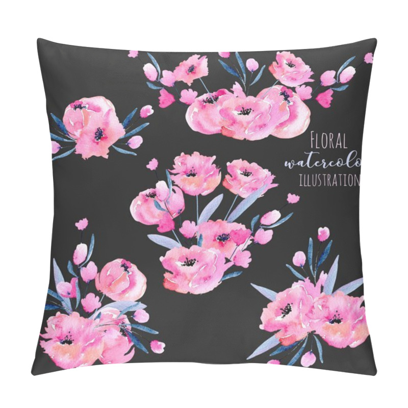 Personality  Watercolor Pink Poppies And Floral Branches Bouquets Collection, Hand Drawn Isolated On A Dark Background Pillow Covers