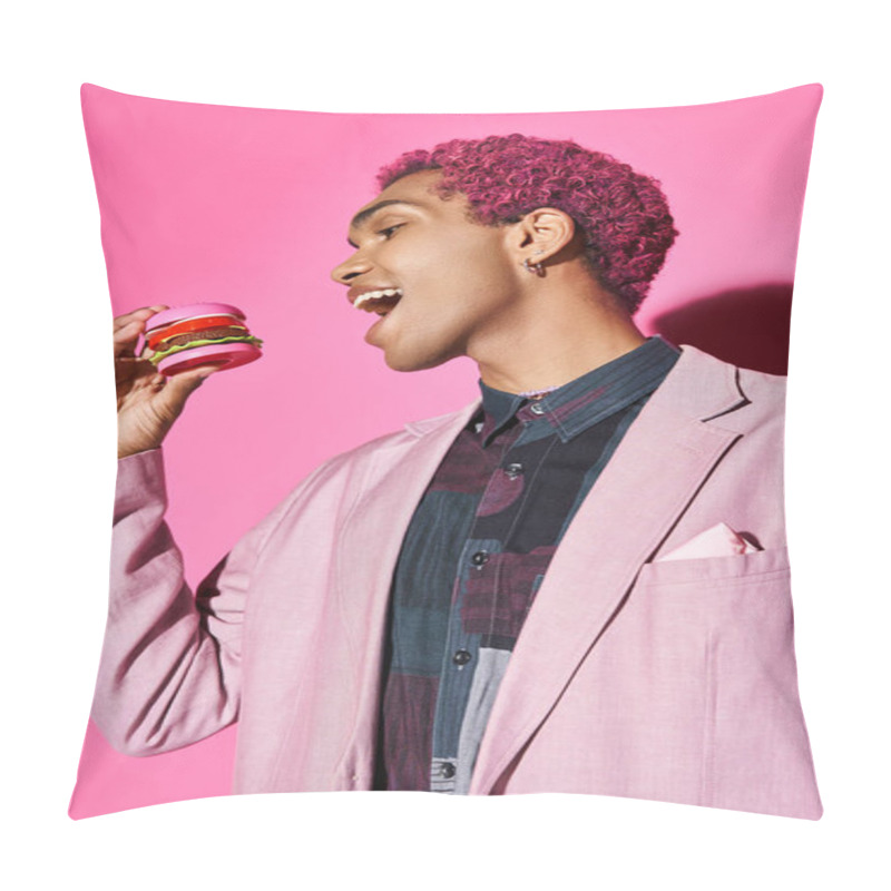 Personality  Cheerful Young Man In Pink Blazer With Silver Earrings Eating Mini Burger Posing On Pink Backdrop Pillow Covers