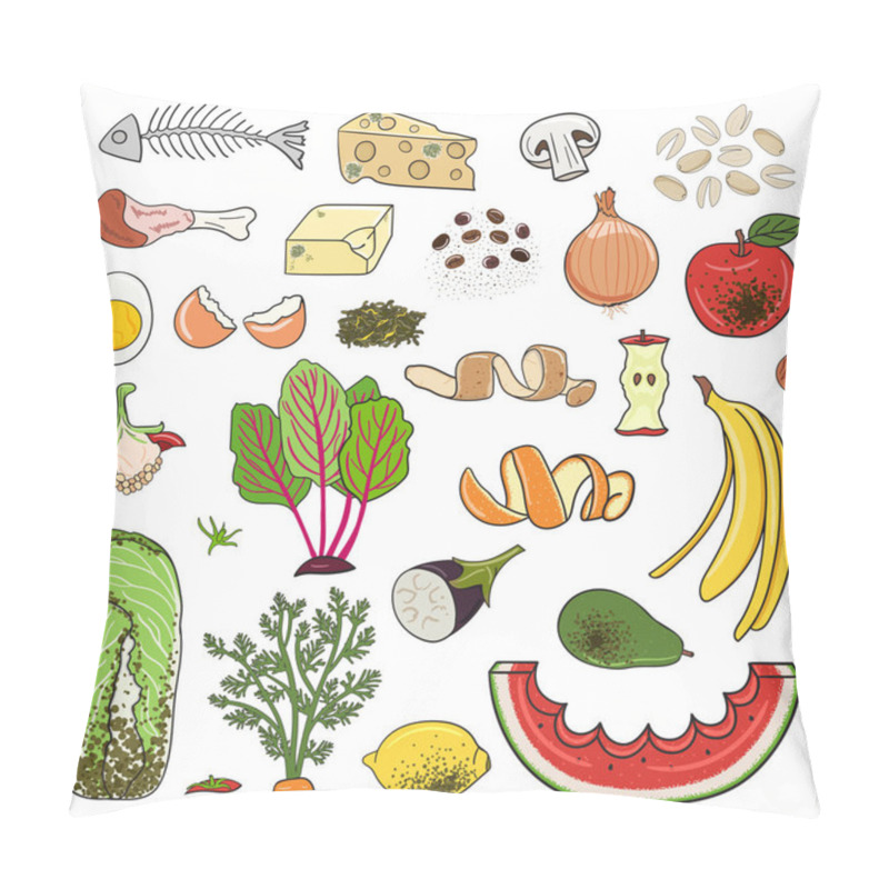 Personality  Set Of Organic Waste - Fruits, Eggshell, Vegetables, Food Leftovers. Recycling Organic Waste. Compost Concept. Farming And Agriculture. Hand Drawn Vector Illustration. Pillow Covers