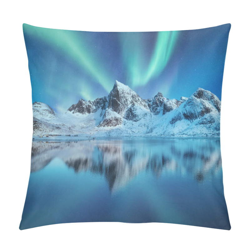 Personality  Aurora Borealis, Lofoten Islands, Norway. Northen Lights, Mountains And Reflection On The Water. Winter Landscape During Polar Lights. Norway Travel - Image Pillow Covers