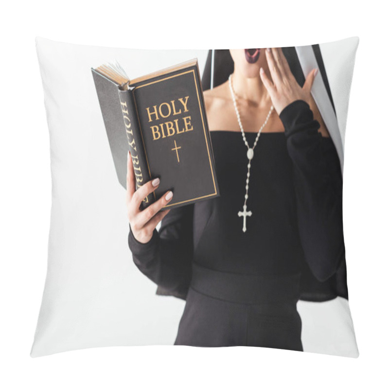 Personality  Cropped View Of Shocked Nun In Black Dress Reading Bible Isolated On Grey Pillow Covers