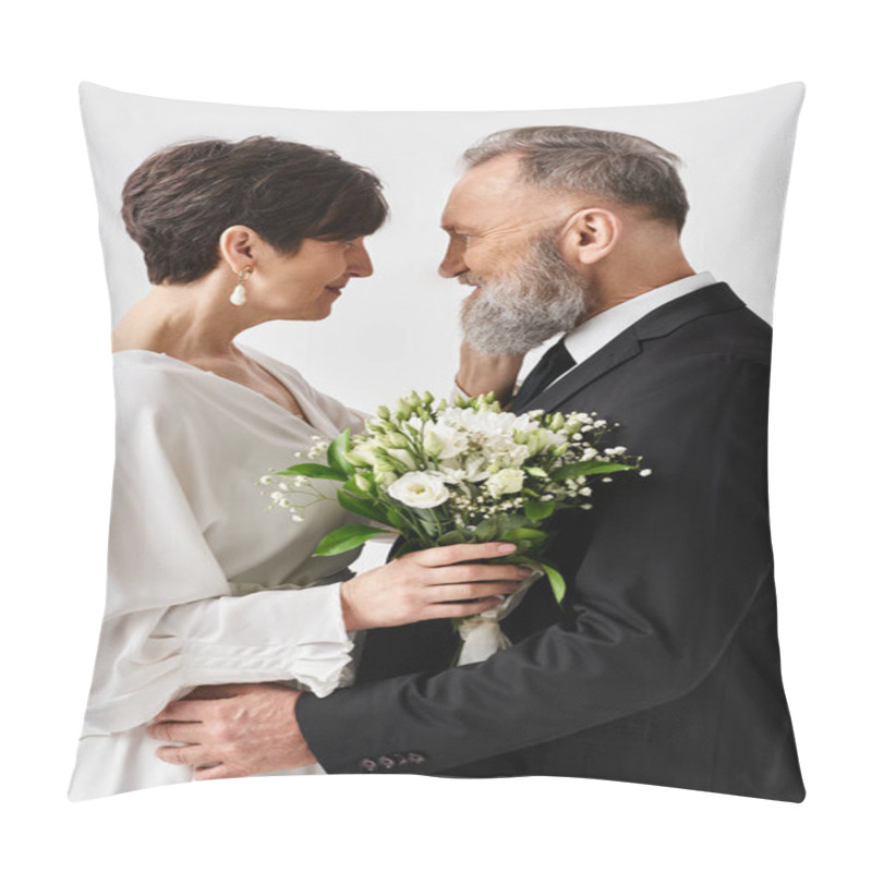 Personality  Middle-aged Bride And Groom In Wedding Gowns Stand Side By Side, Celebrating Their Special Day In A Studio Setting. Pillow Covers