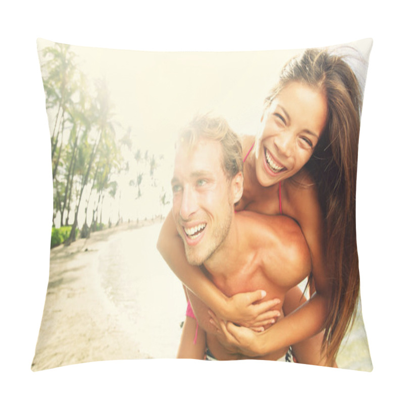 Personality  Happy Young Joyful Couple Beach Fun Laughing Pillow Covers