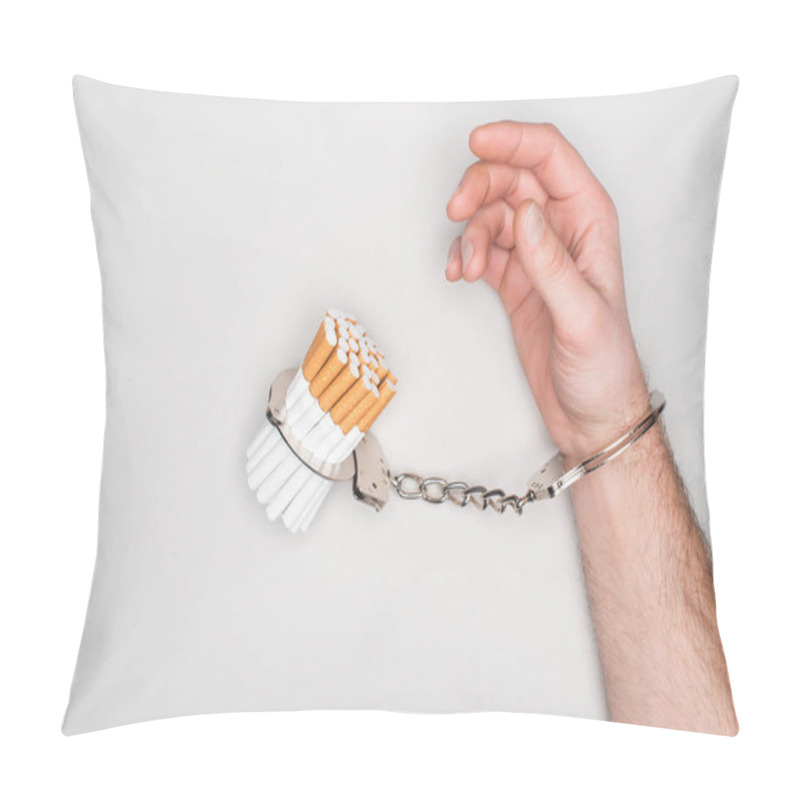 Personality  Partial View Of Man In Handcuffs Posing With Cigarettes Isolated On Grey, Nicotine Addiction Concept Pillow Covers