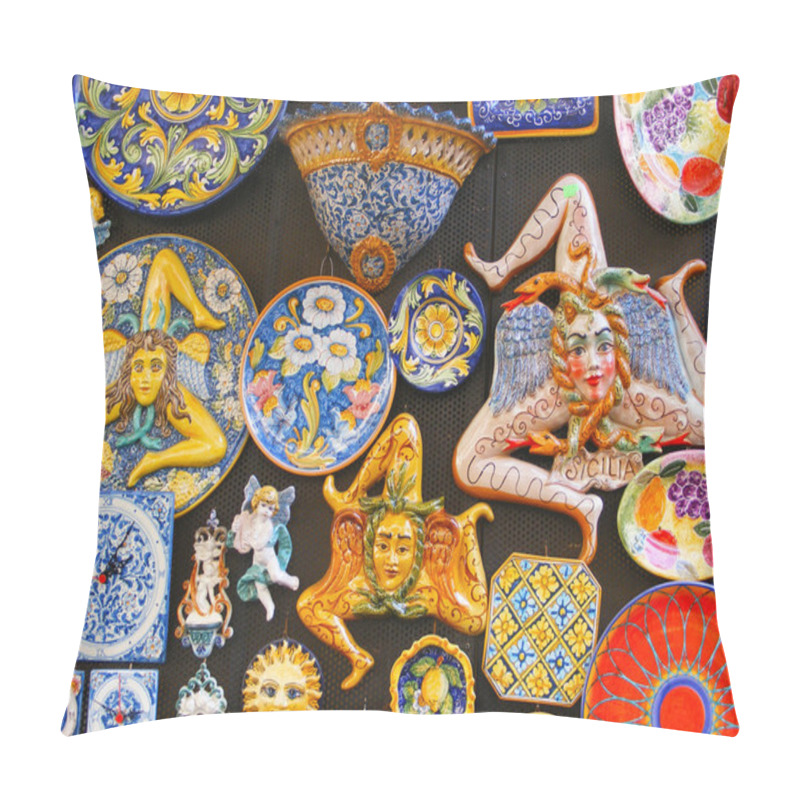 Personality  The Trinacria symbol of Sicily and  typical Sicilian glazed ceramic pillow covers