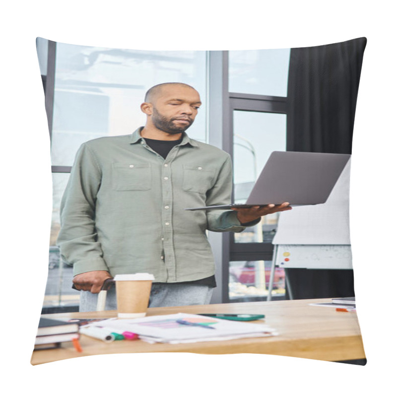 Personality  A Man Stands Confidently In Front Of A Laptop Computer, Working Diligently On A Project In A Modern Office Setting. Pillow Covers