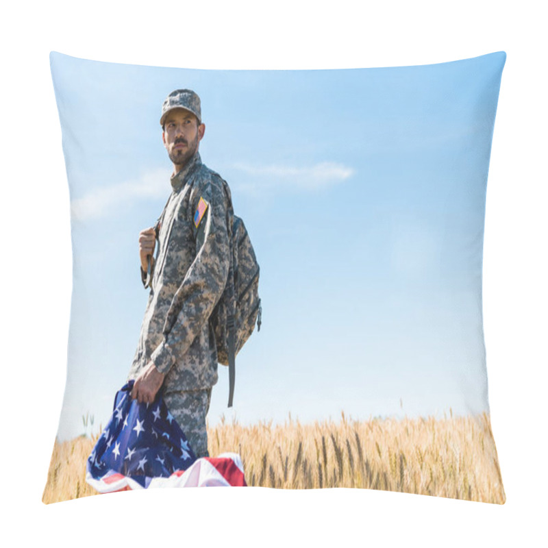 Personality  Selective Focus Of Soldier In Uniform Holding American Flag While Standing In Field  Pillow Covers