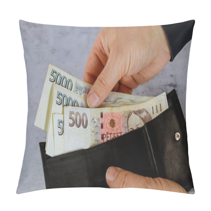 Personality  Man Counts Czech Korun In His Wallet On Czech Republic Banknotes Pillow Covers