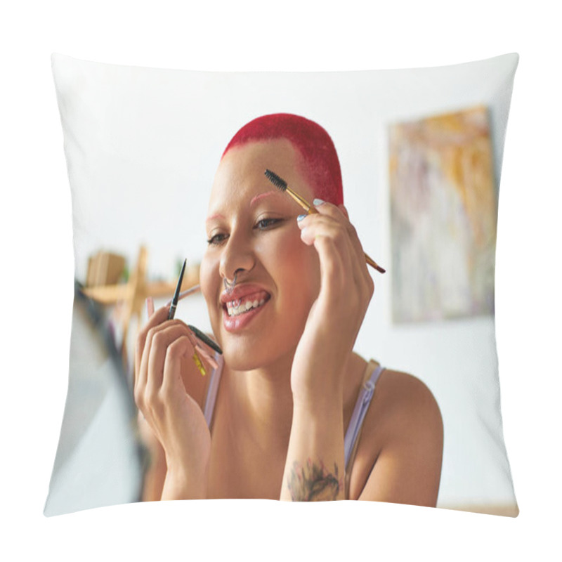 Personality  This Young Woman Enjoys A Fun Moment While Applying Her Makeup At Home, Showcasing Self Expression. Pillow Covers