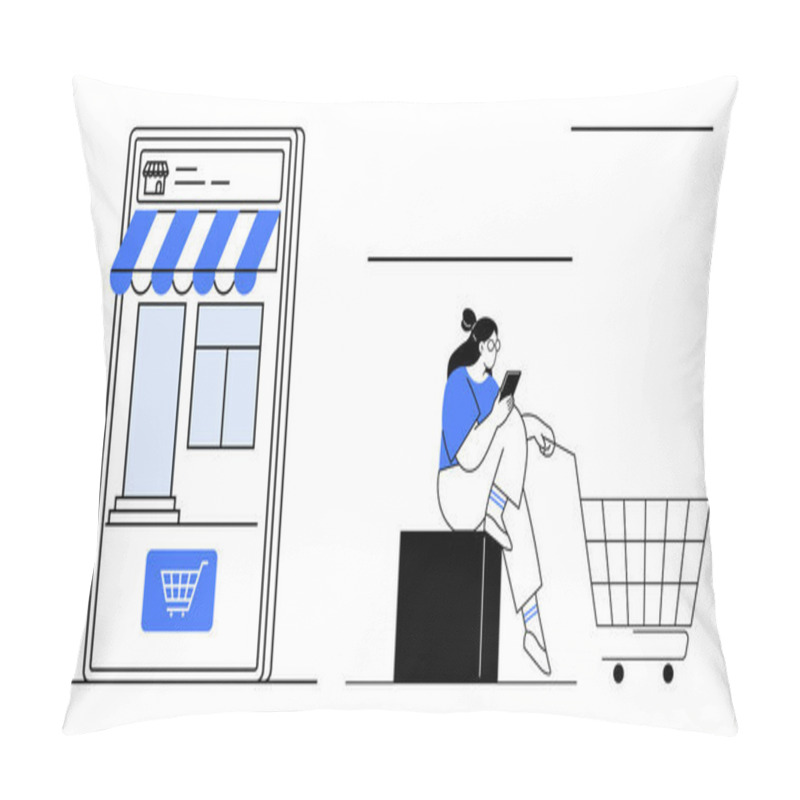 Personality  Storefront With Blue Awning, Shopping Cart Icon, Person Using Smartphone, Sitting On Block, Large Shopping Cart. Ideal For E-commerce, Digital Retail, Online Store Navigation, Consumer Lifestyle Pillow Covers