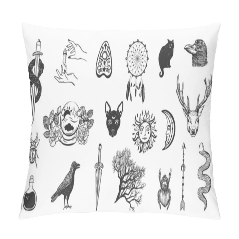 Personality  Witchcraft And Magic Vector Collection. Hand Drawn Occult Symbols On White Background. Pillow Covers