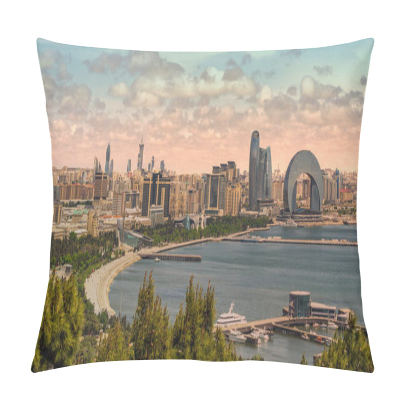 Personality  The Crescent Development Project Boasts Modern Architecture, Notably The Crescent Hotel, Against A Beautiful Sunset On The Caspian Sea Coast In Baku, Azerbaijan Pillow Covers