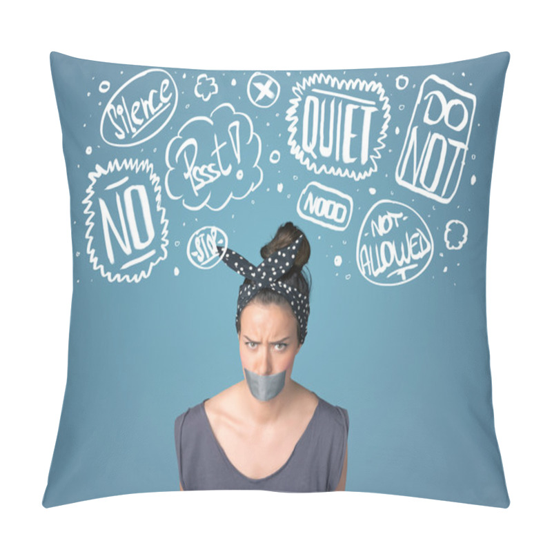 Personality  Young Woman With Glued Mouth And Thought Clouds Pillow Covers