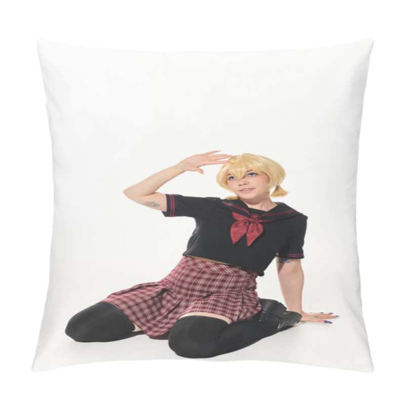 Personality  Tattooed Blonde Woman In Stylish School Uniform Sitting And Waving Hand On White, Anime Style Pillow Covers