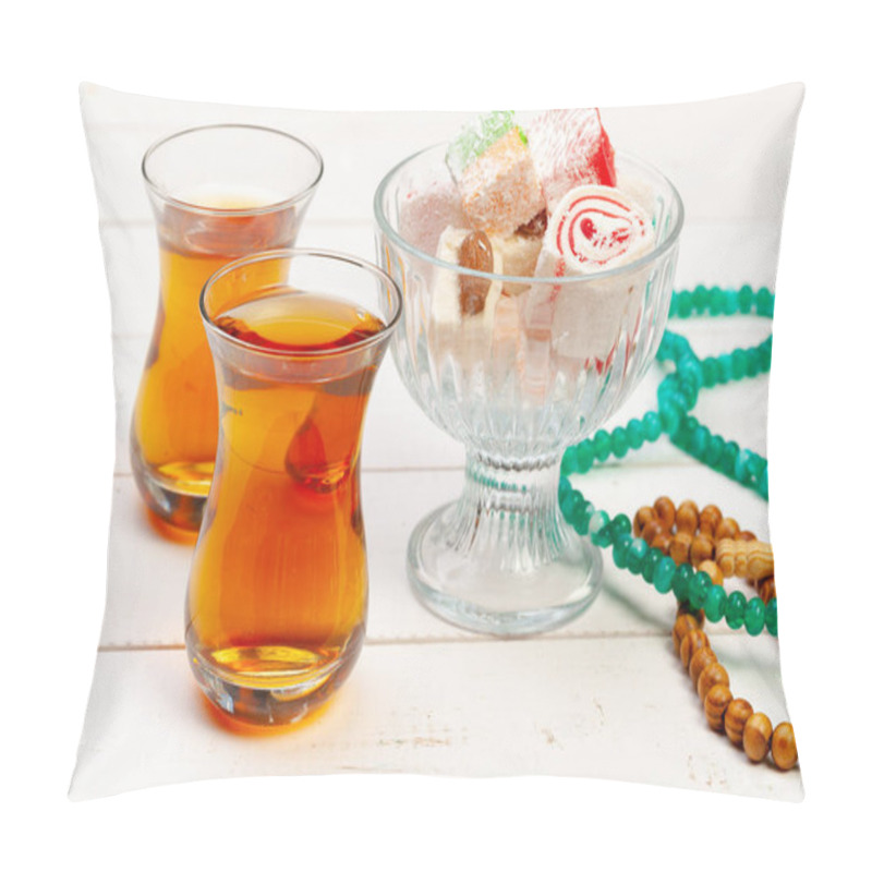 Personality  Cup Of Hot Tea And A Plate Of Turkish Desserts Pillow Covers