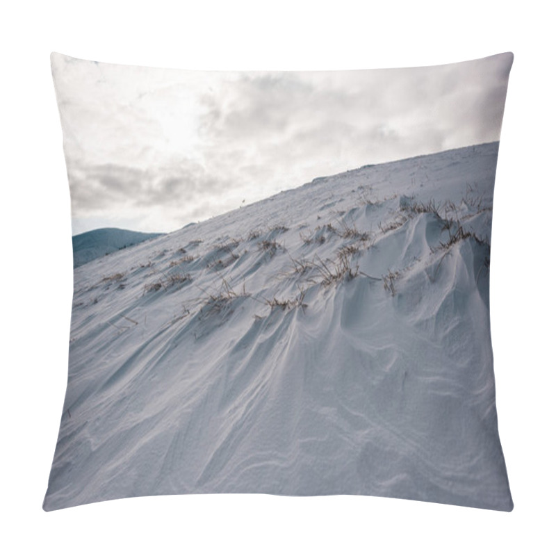 Personality  Scenic View Of Snowy Hill With Cloudy Sky On Background Pillow Covers