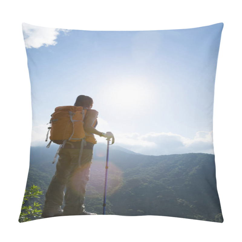 Personality  Successful Woman Hiker Enjoying The View At Mountain Peak Pillow Covers