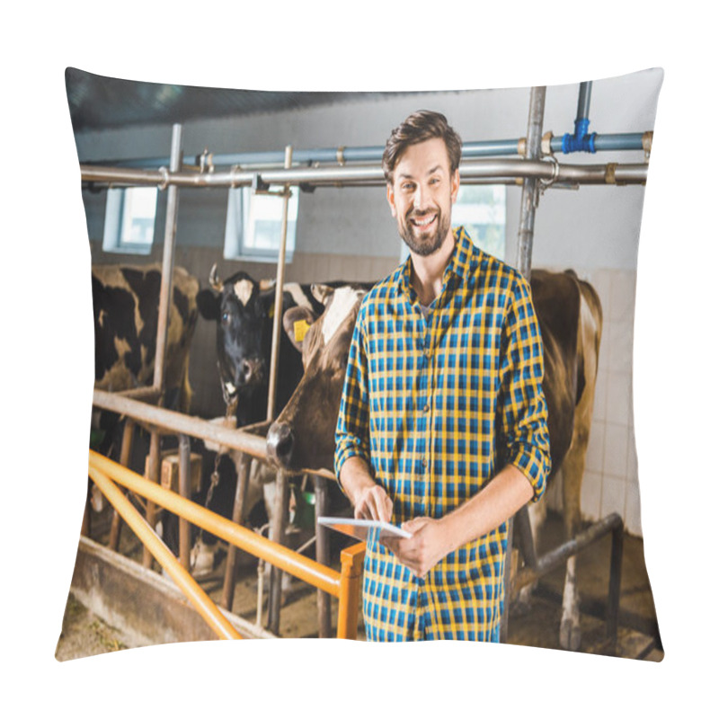 Personality  Handsome Smiling Farmer Standing With Tablet In Stable Pillow Covers