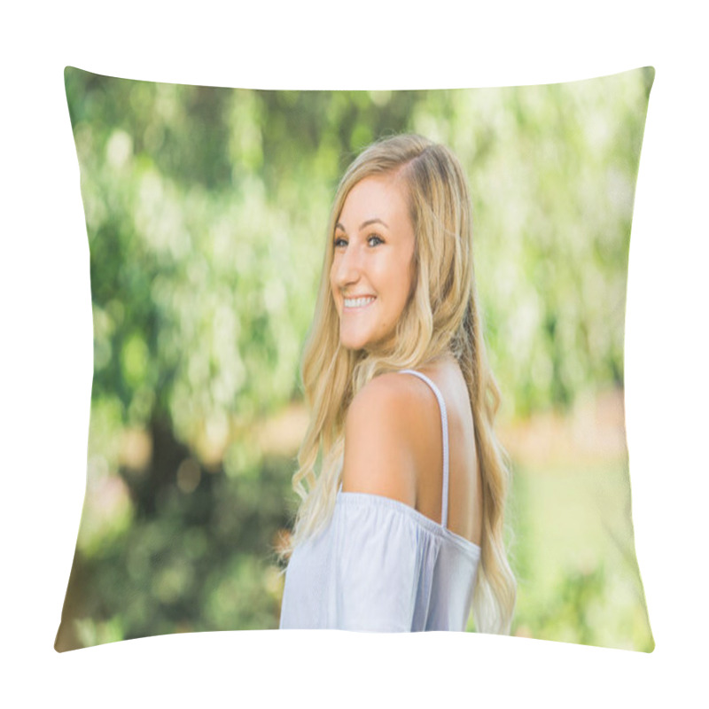 Personality  One Attractive Blonde Hair Caucasian High School Senior Posing For Senior Pictures. Female Teenager Portrait Standing Outdoors At Park In Summer. Pillow Covers